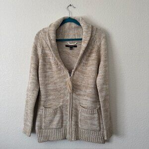 Open Knit Zip Cardigan Women Large Tan‎ Marled Shawl Collar Tassel Sweater